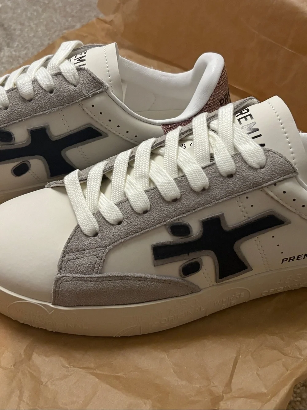 Premiata White Sneakers with Gray Suede and Pink Heel Accent
